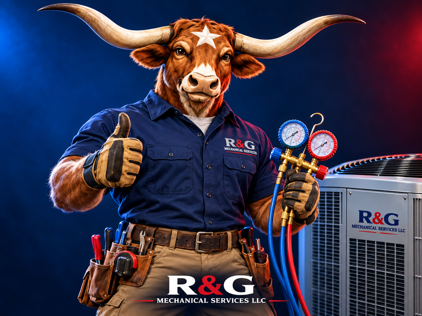 R&G longhorn HVAC technician mascot in a branded uniform beside an AC condenser